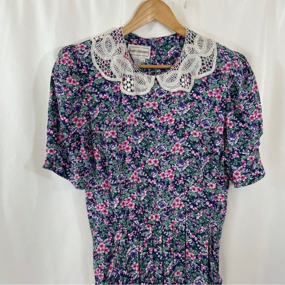 Vintage Karin Stevens Floral Midi Dress w/ Lace Collar - Picture 4 of 4